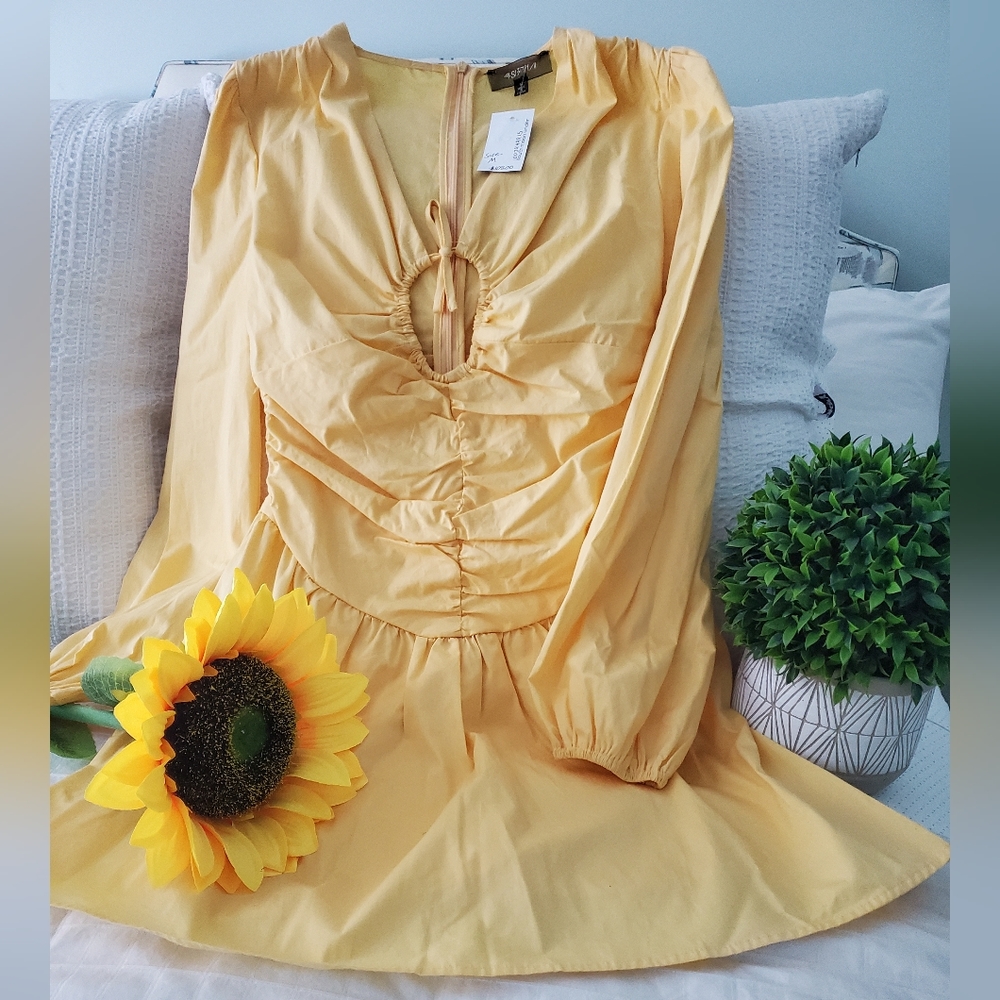 Canary yellow cotton long sleeve mini dress